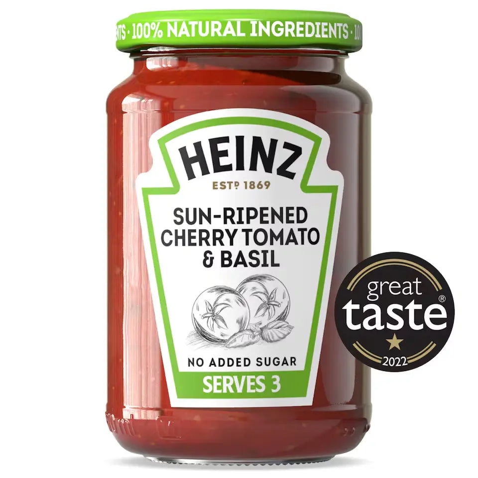 Jar of Heinz sun-ripened cherry tomato and basil sauce with a 'Great Taste' award badge on a white background
