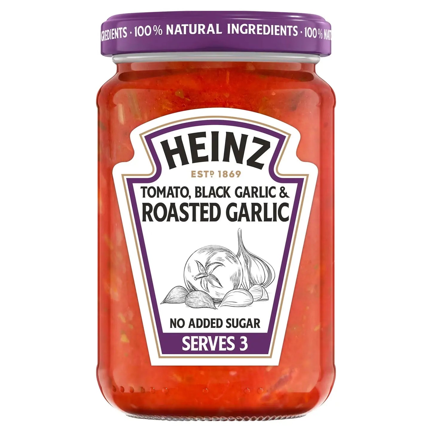 Jar of Heinz tomato-based sauce with garlic flavor on a white background