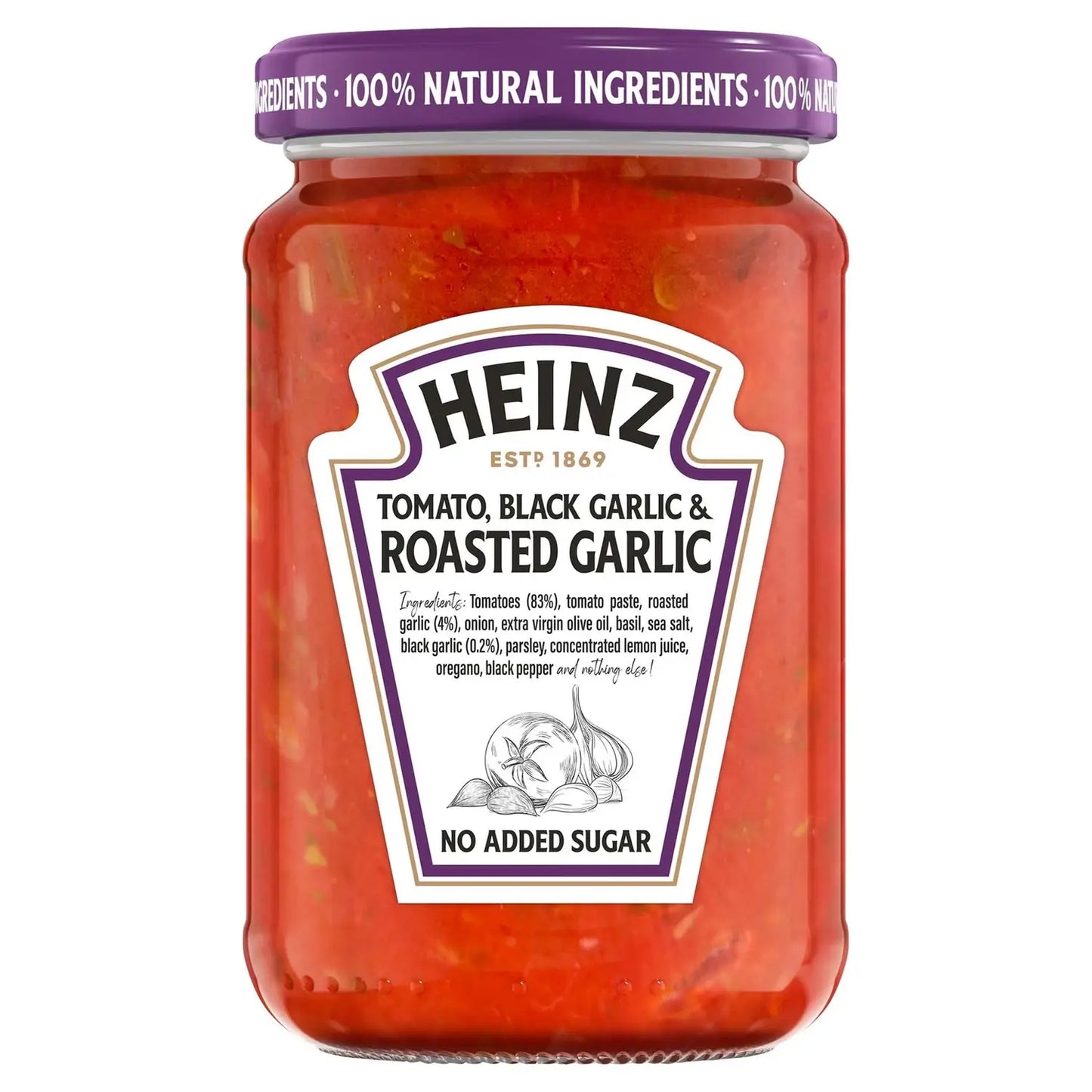 Jar of Heinz Tomato Black Garlic & Roasted Garlic sauce on a white background