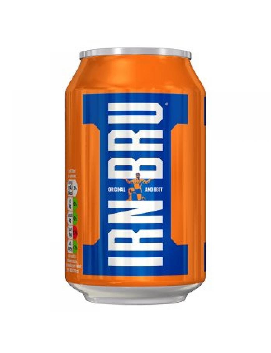 Orange can of IRN-BRU on a white background