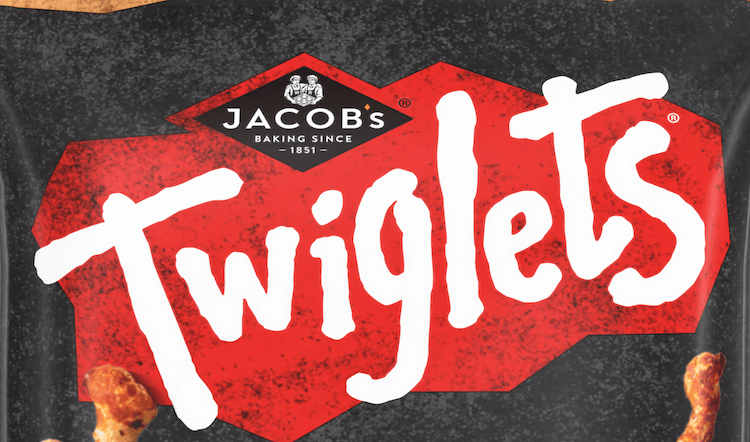 Jacobs Twiglets packaging with red and white design on a dark background
