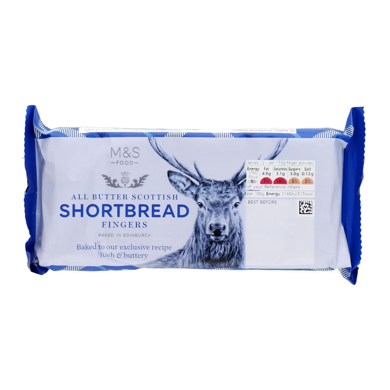 Pack of M&S All Butter Scottish Shortbread Fingers with a deer illustration on a white background