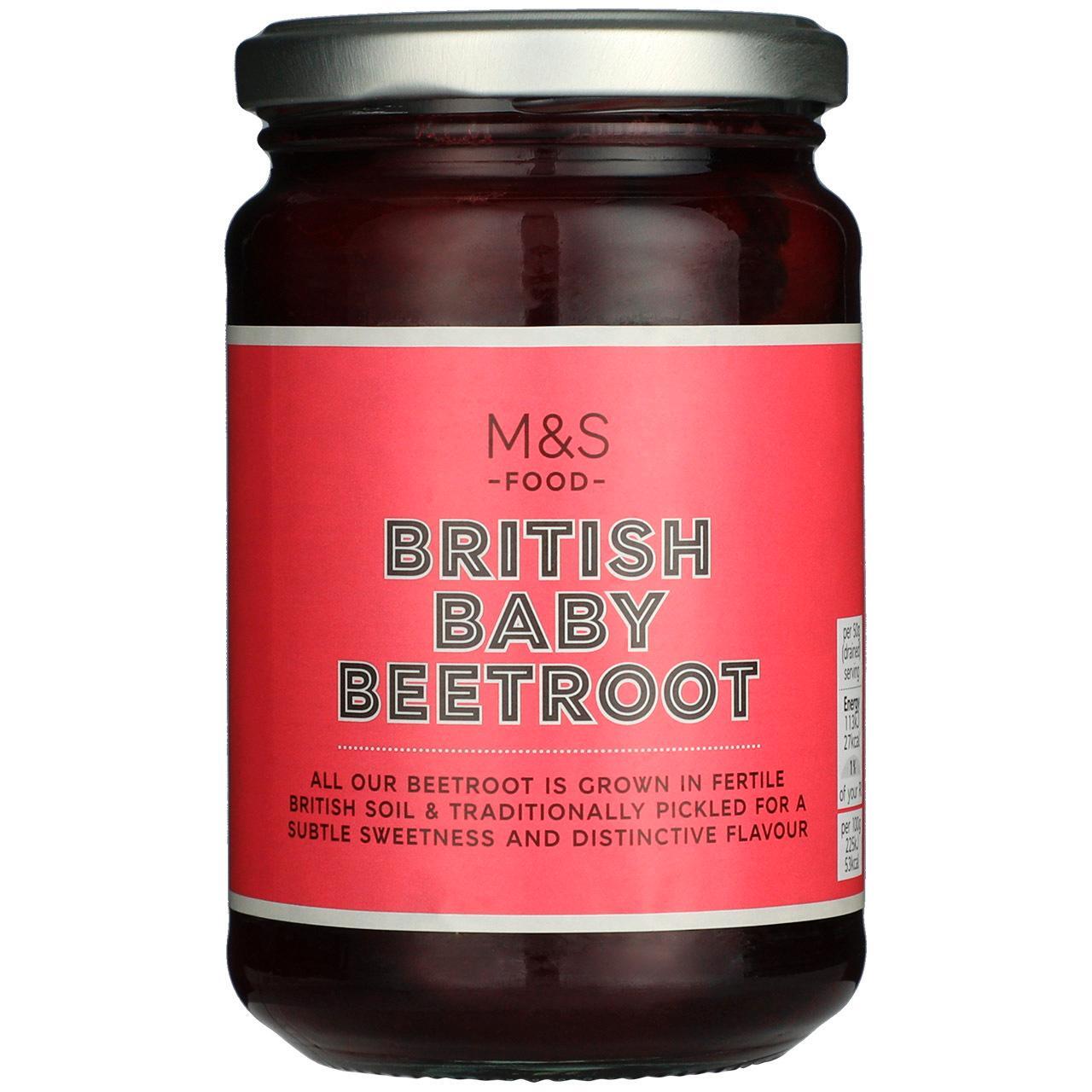 Jar of British Baby Beetroot with M&S label on a white background