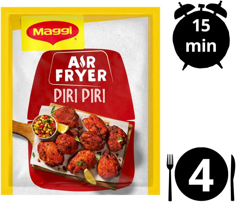 Maggi Air Fryer Piri Piri seasoning packet with images of food and text on a white background