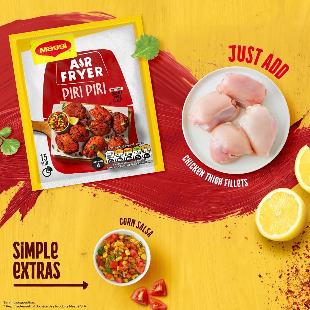 Maggi Air Fryer Piri Piri seasoning packet with chicken thighs and corn salsa on a colorful background