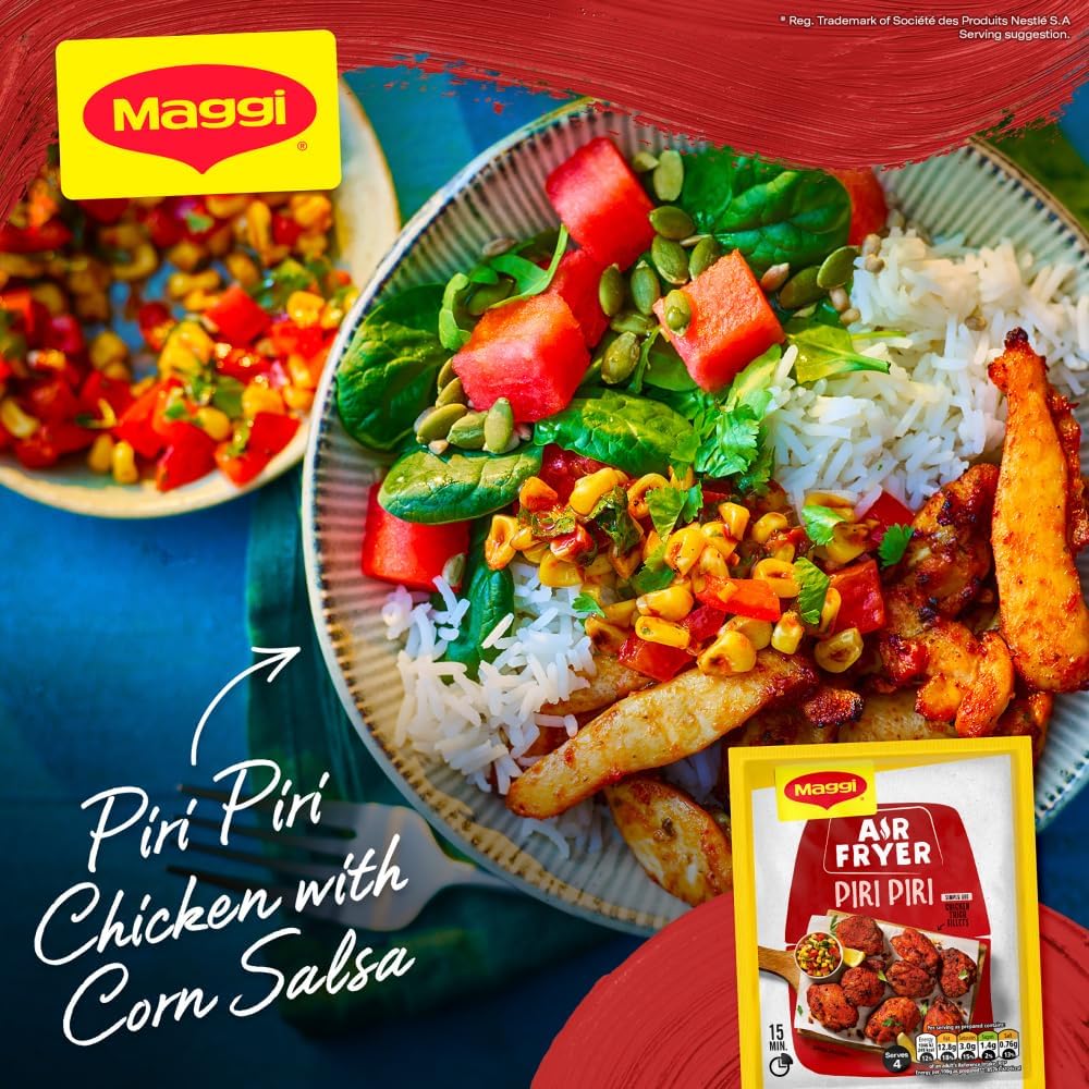 Maggi Air Fryer Piri Piri Chicken with Corn Salsa on a plate with a fork, surrounded by colorful ingredients.