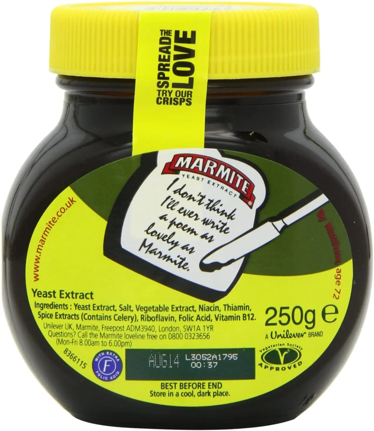 Jar of Marmite with a yellow lid and label on a white background