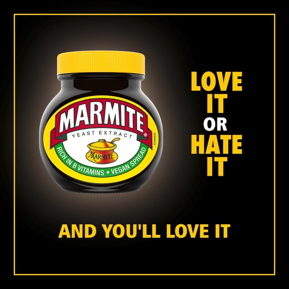 Jar of Marmite with text 'Love it or Hate it and you'll love it' on a dark background