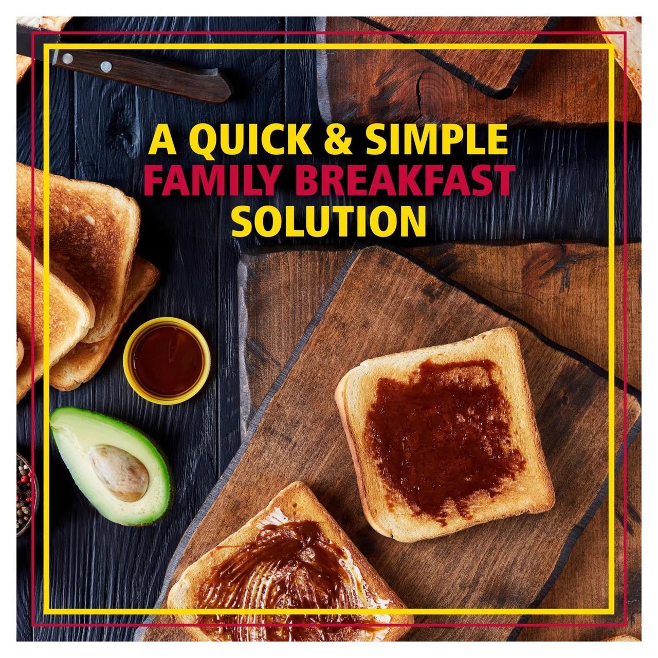 Toast with jam on a wooden board, accompanied by avocado and syrup, with text overlay about a quick breakfast solution.