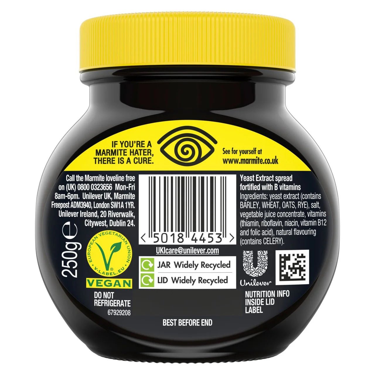 Back view of a jar with a yellow lid and black body, featuring text and symbols on the label.