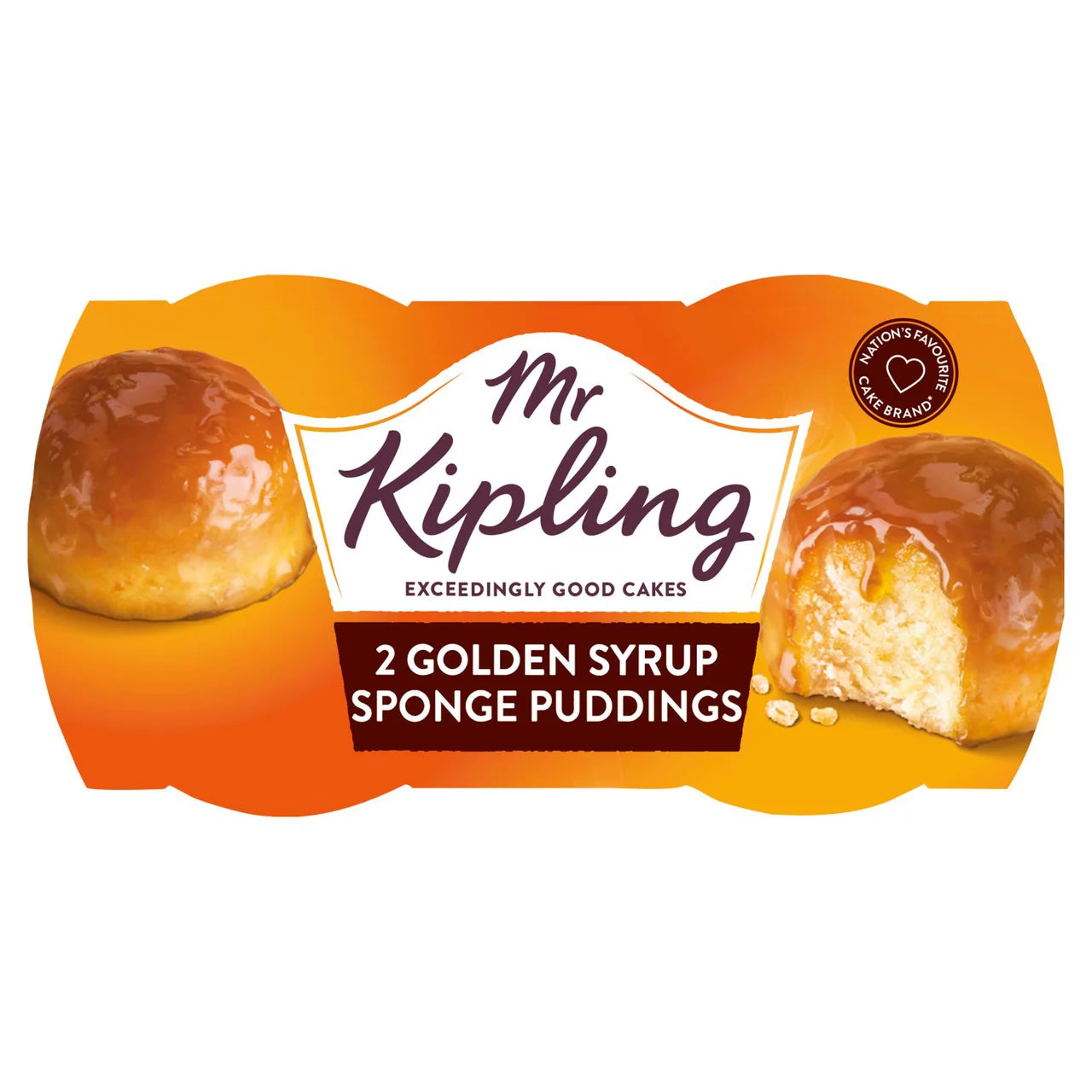 Pack of Mr Kipling Golden Syrup Sponge Puddings on a white background