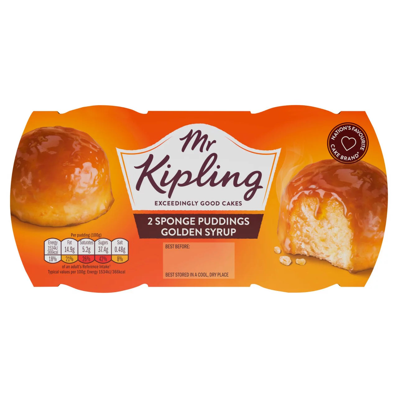 Pack of Mr. Kipling Golden Syrup sponge puddings on a white background