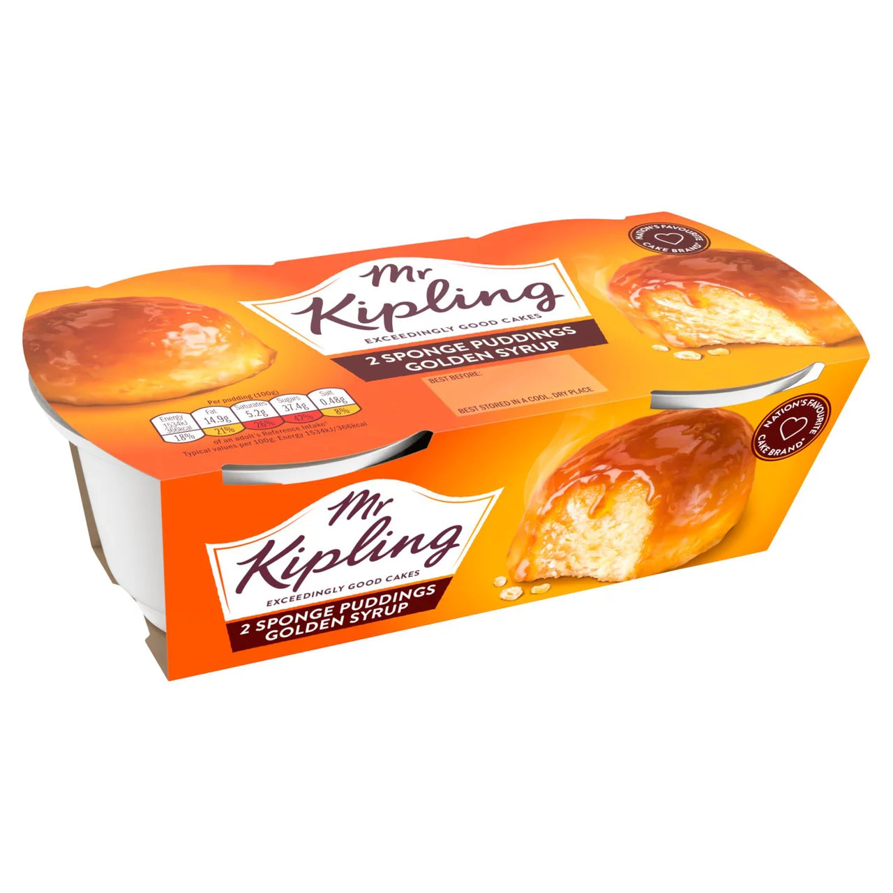 Mr Kipling sponge pudding packaging with golden syrup flavor on a white background