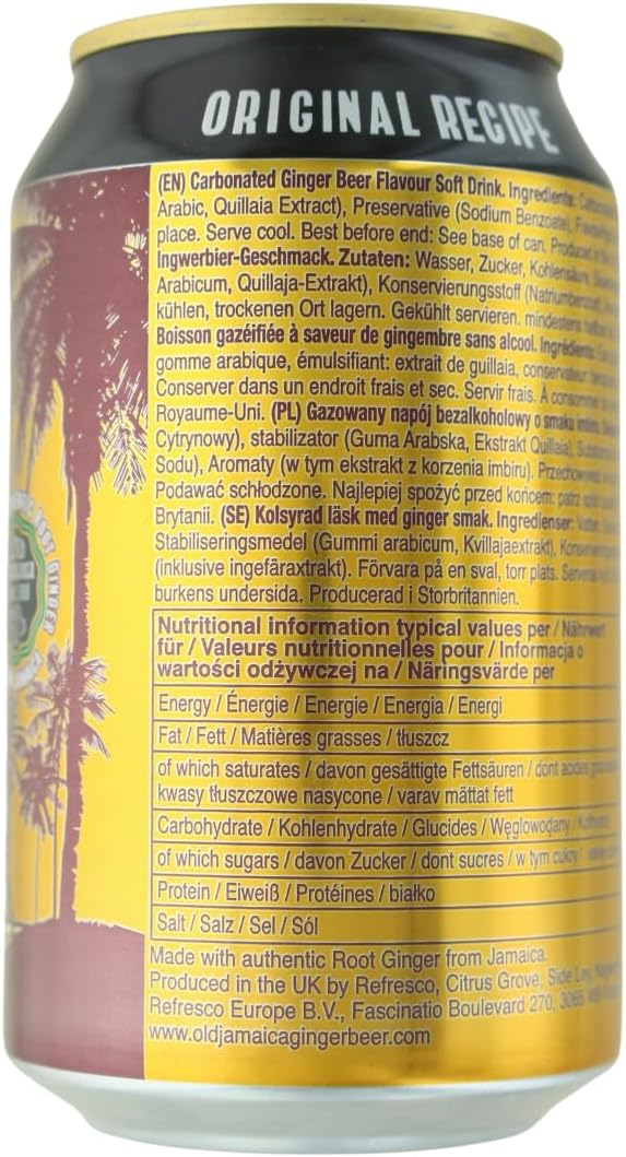 Can of Original Recipe ginger beer with nutritional information on a yellow background