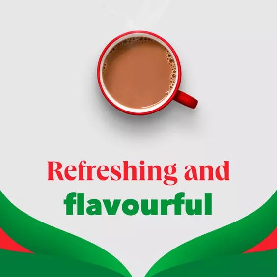 Red cup of coffee with text 'Refreshing and flavourful' on a white background