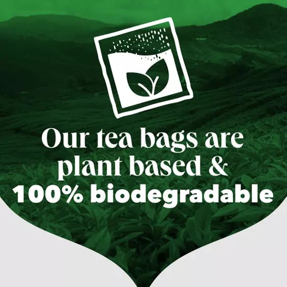 Tea plantation with a logo and text about plant-based and biodegradable tea bags.