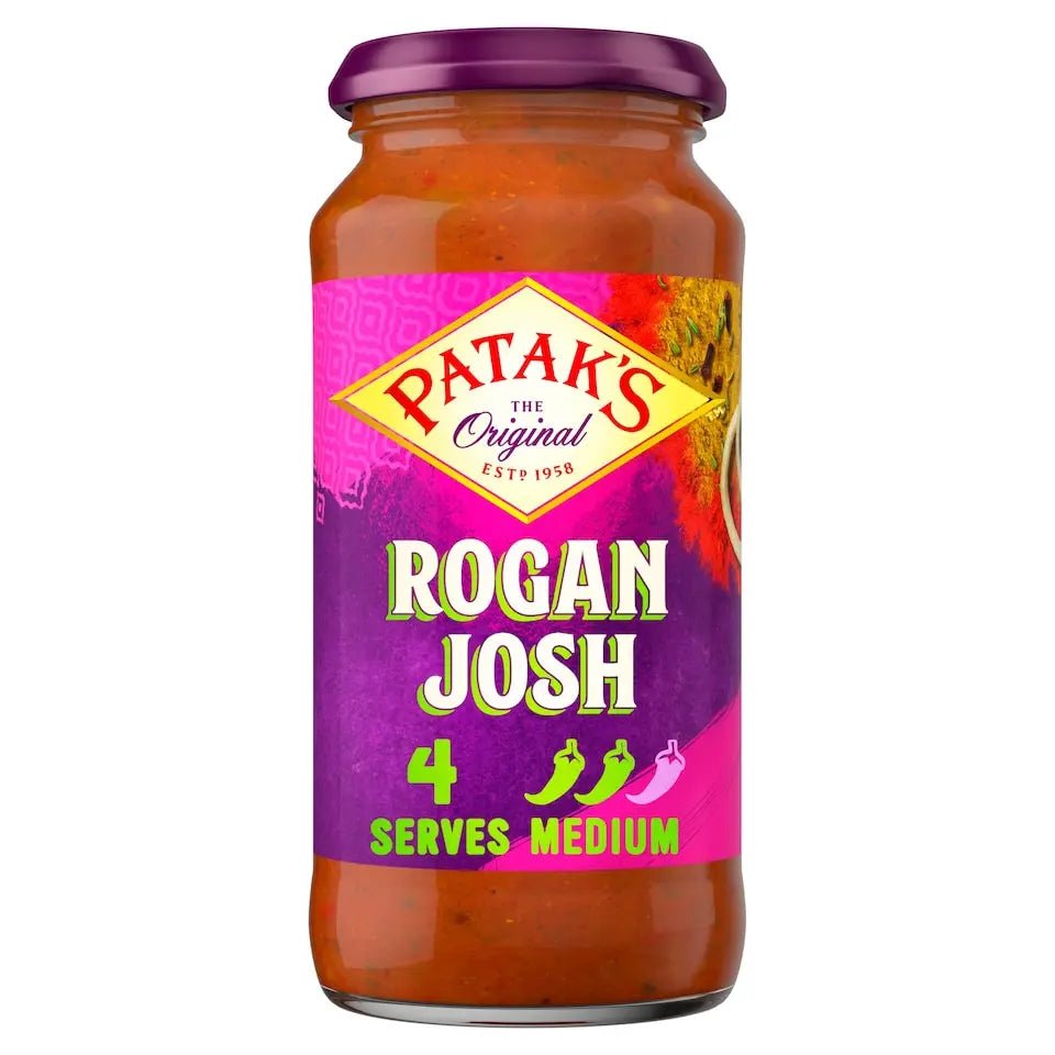Patak's Rogan Josh sauce jar with a purple lid on a white background