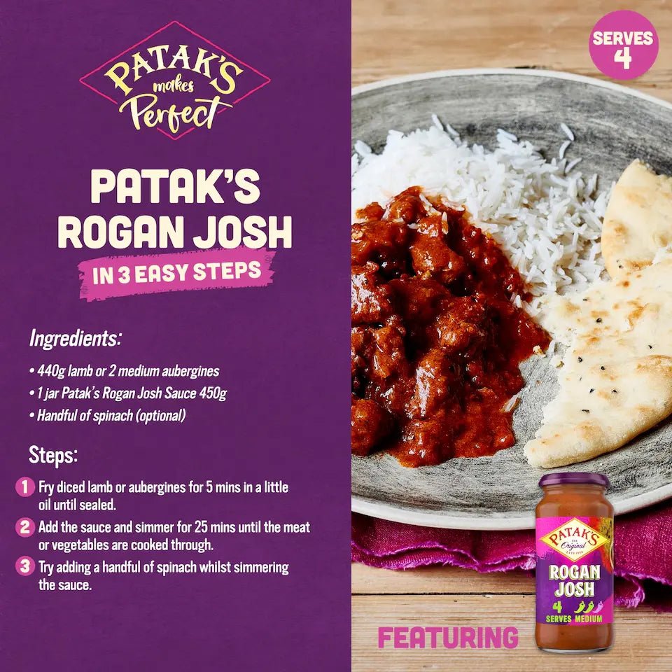 Patak's Rogan Josh recipe card with ingredients and steps on a purple background