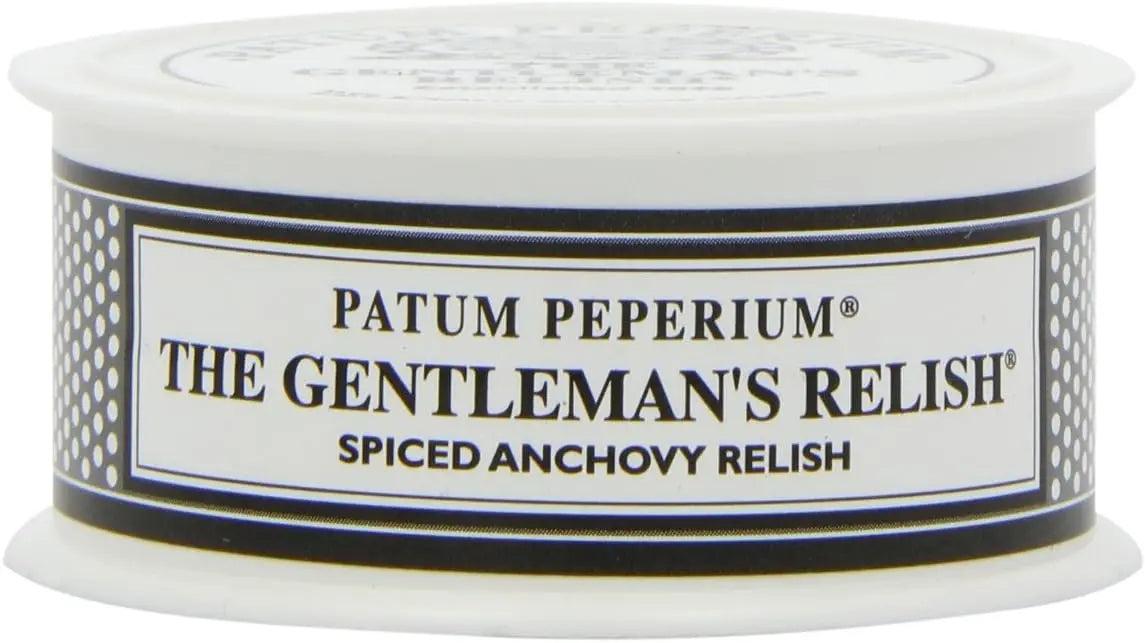 Spiced anchovy relish container with 'The Gentleman's Relish' label on a white background