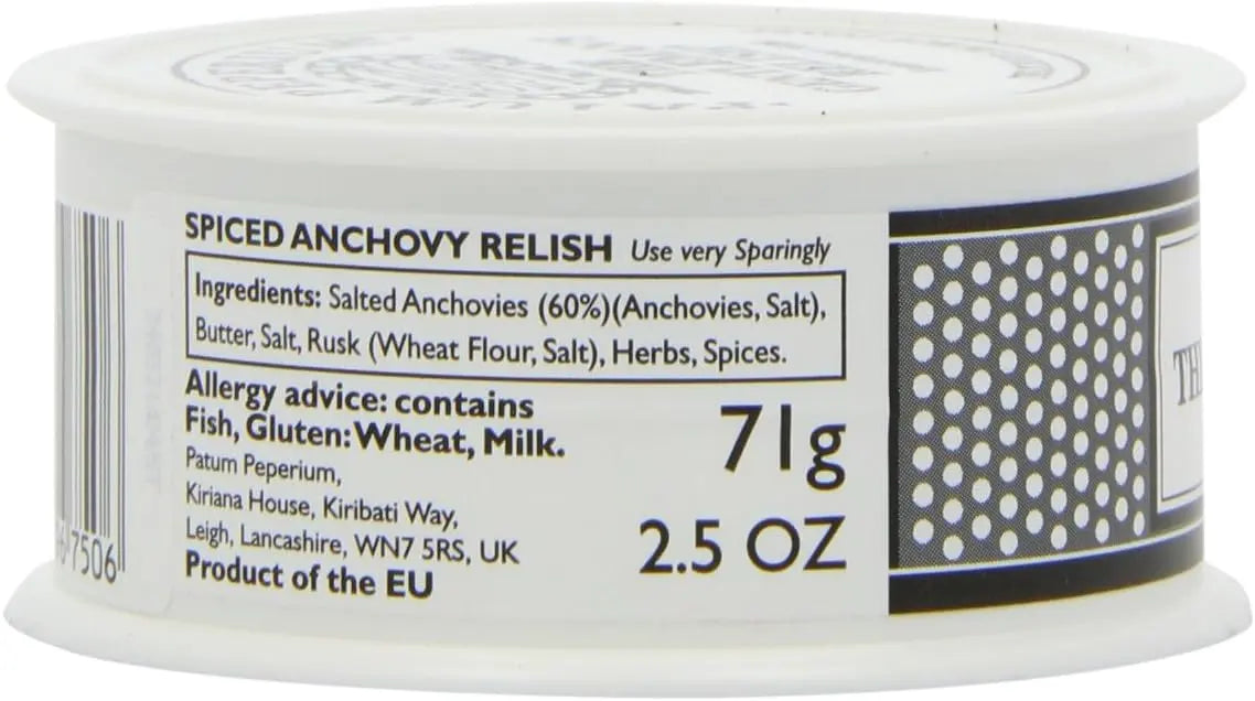 Spiced anchovy relish container with label showing ingredients and weight.