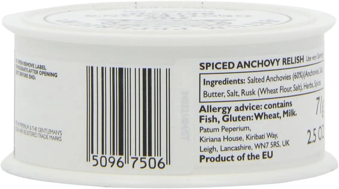 Spiced anchovy relish container with label showing ingredients and allergy information.