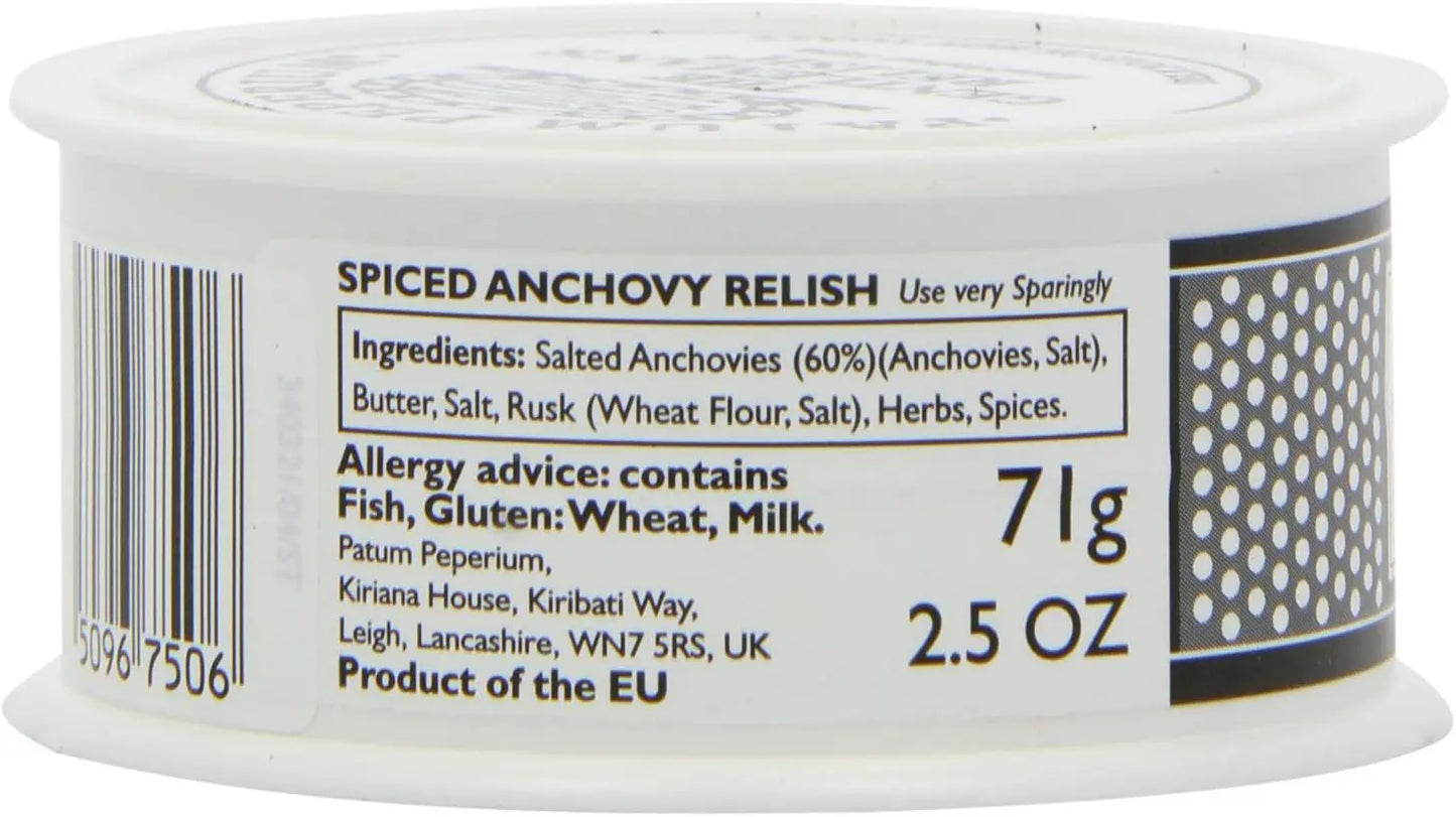 Spiced anchovy relish container with label showing ingredients and allergen information.