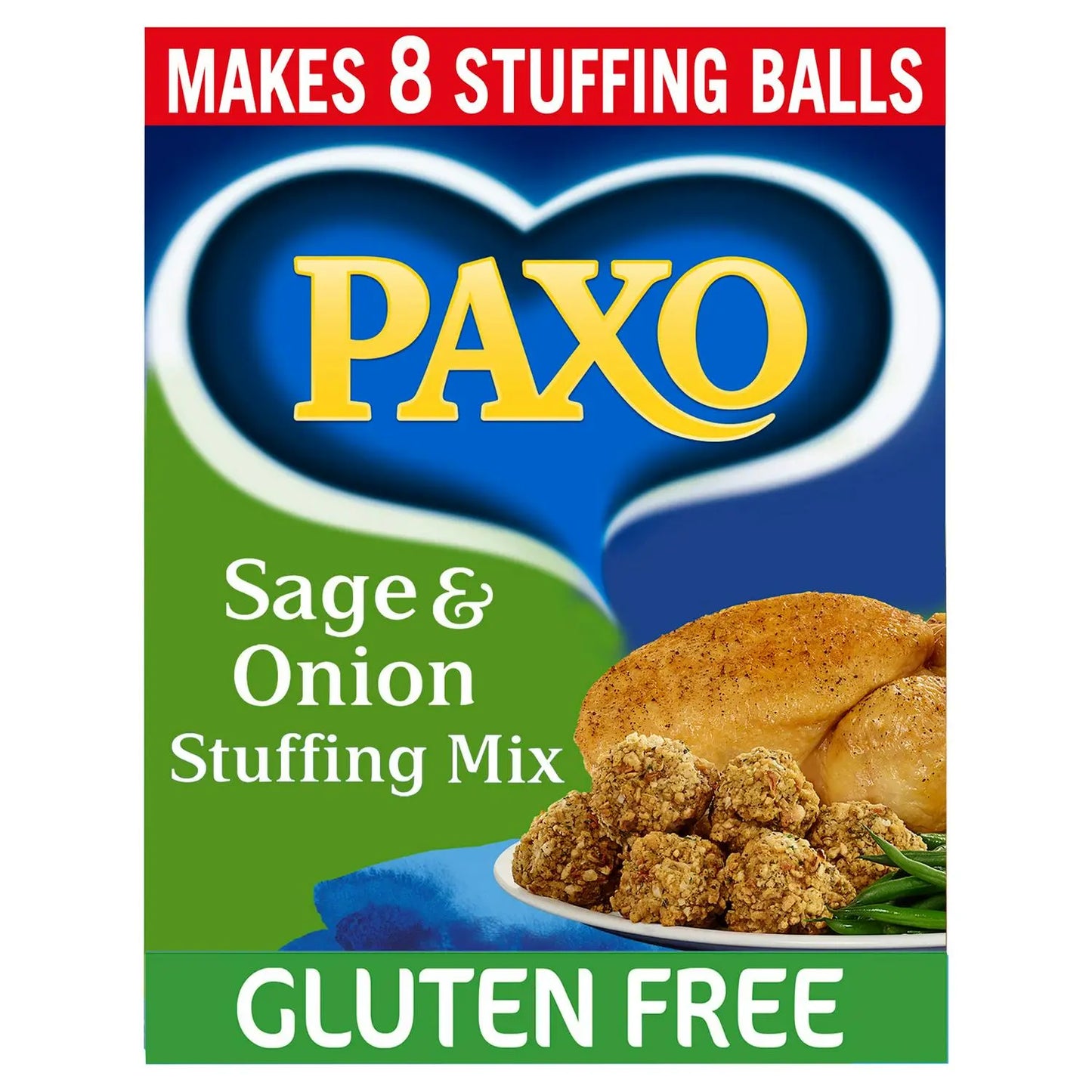 PAXO Sage & Onion Stuffing Mix packaging with a picture of stuffing balls on a blue background.