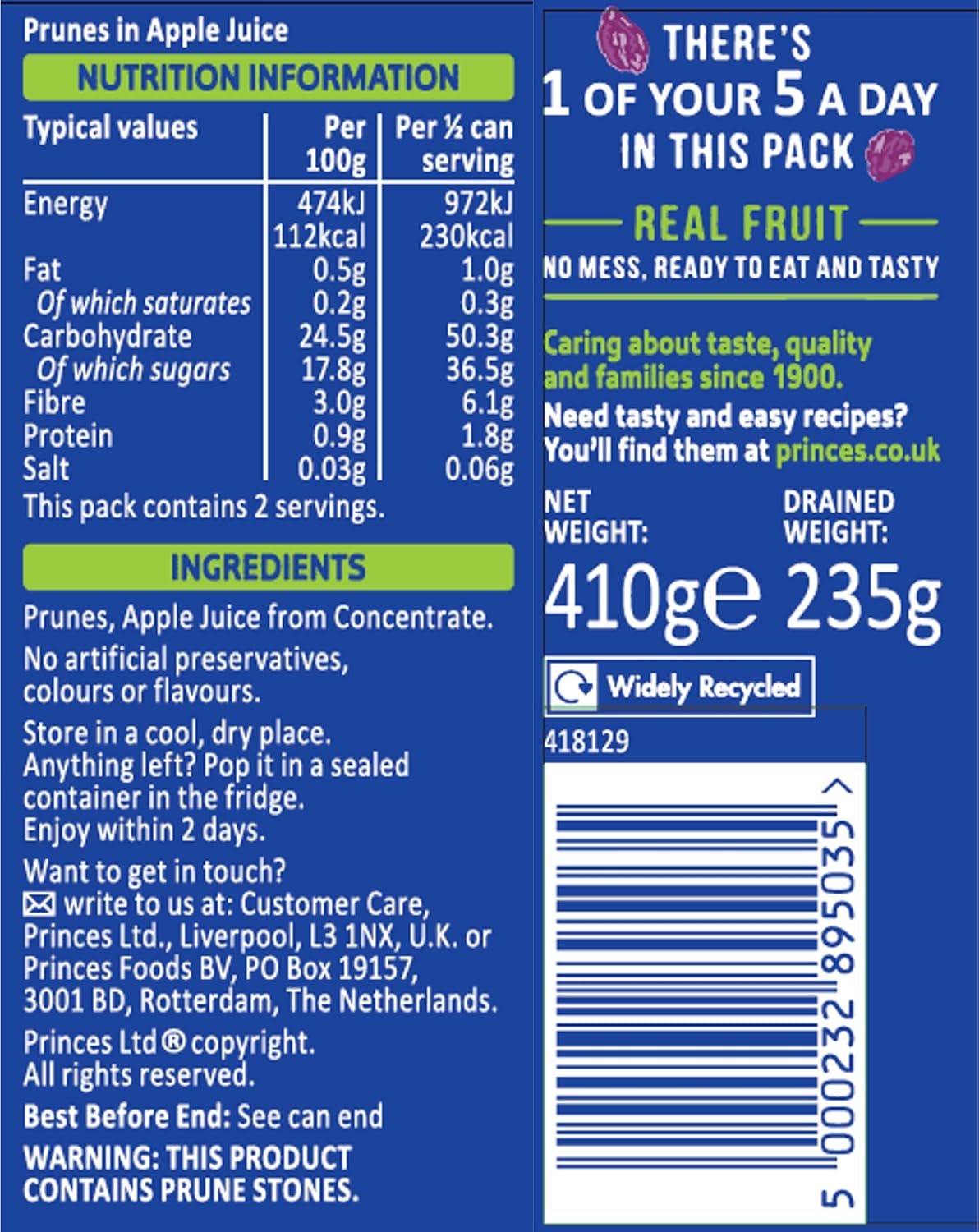 Prunes in Apple Juice label with nutrition information, ingredients, and contact details.