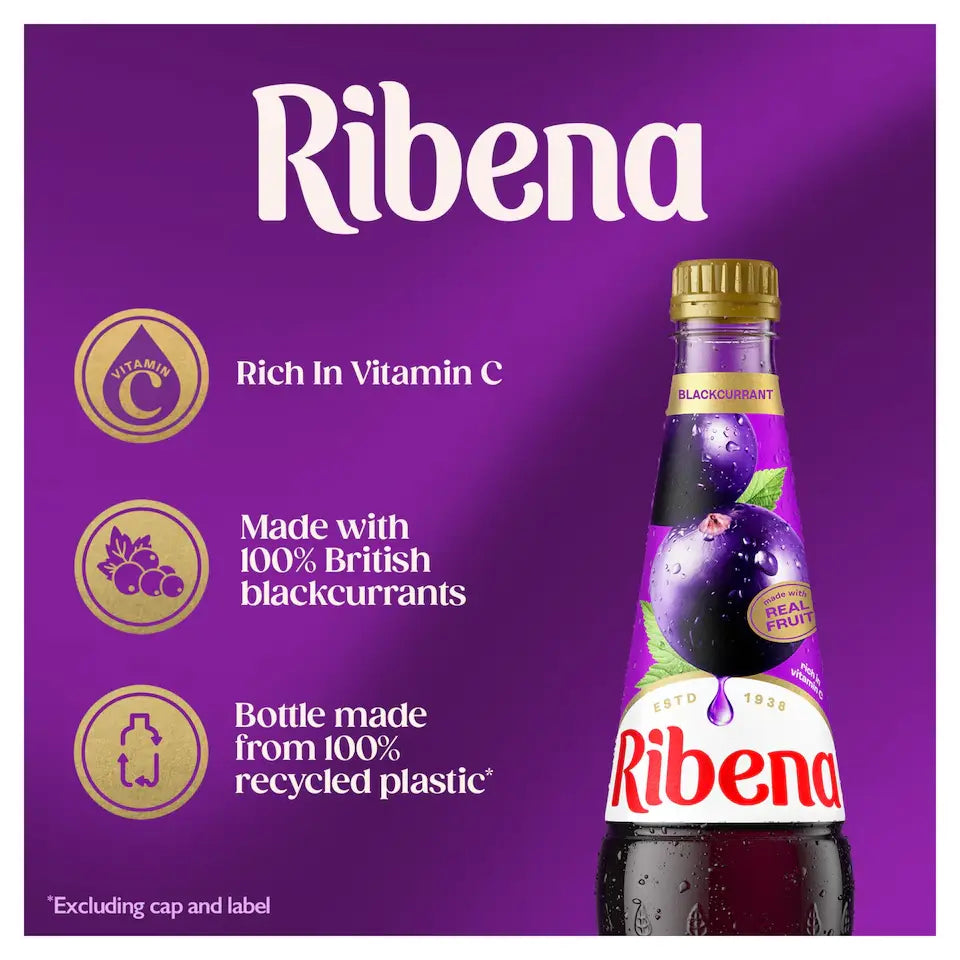 Ribena bottle on a purple background with product features highlighted