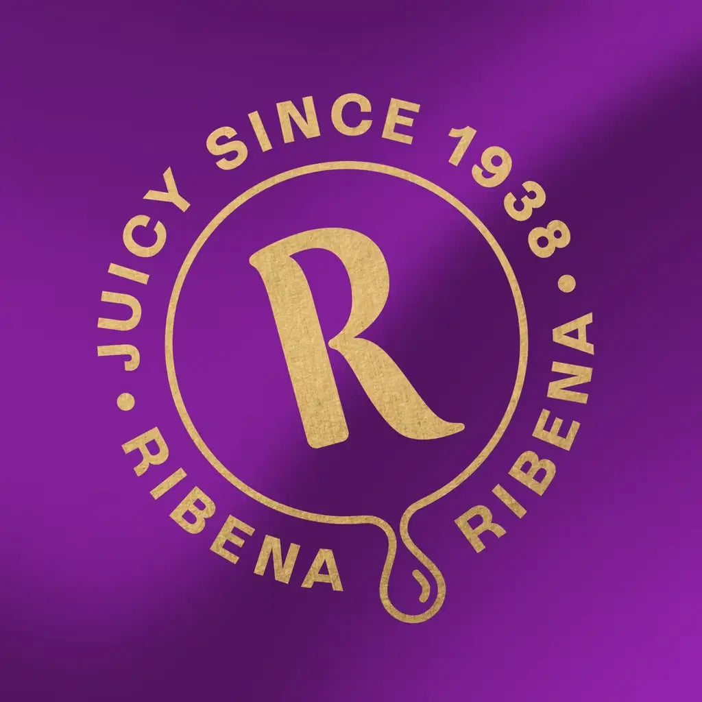Ribena logo with 'Juicy Since 1938' text on a purple background