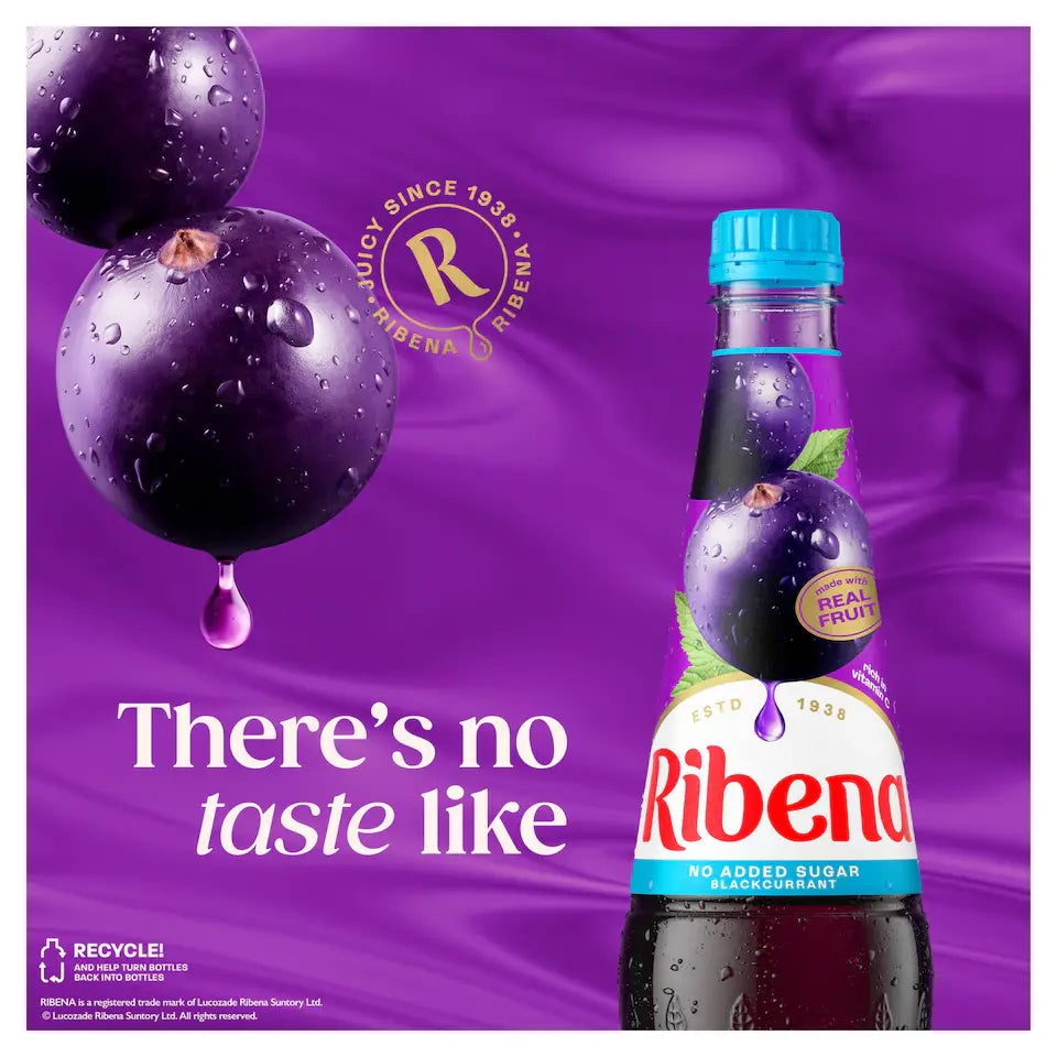 Ribena bottle with blackcurrant and brand logo on a purple background
