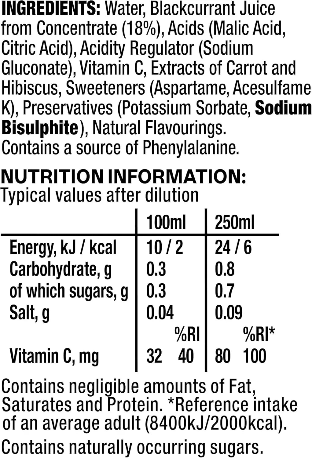 Product label with ingredients and nutrition information