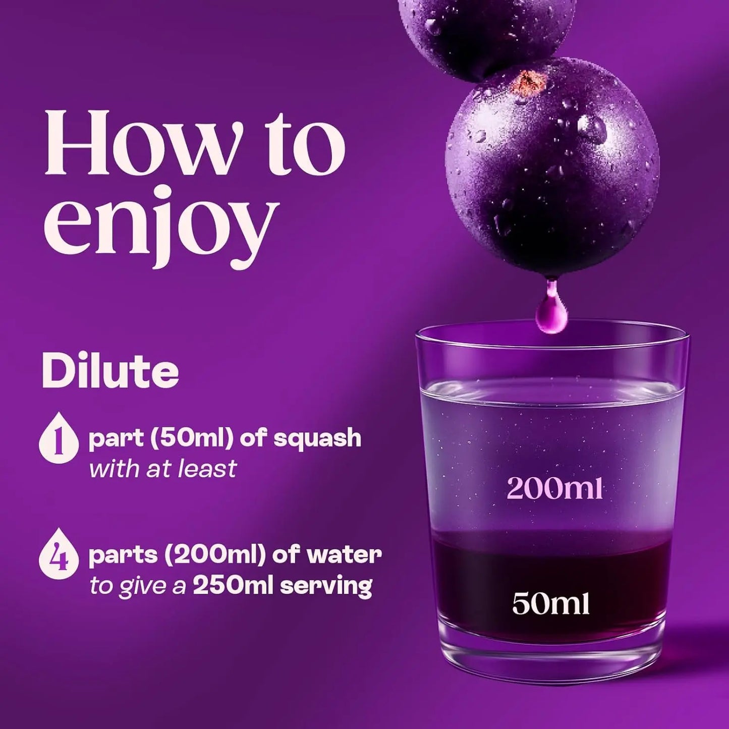 Glass of purple liquid with text on how to dilute it, against a purple background