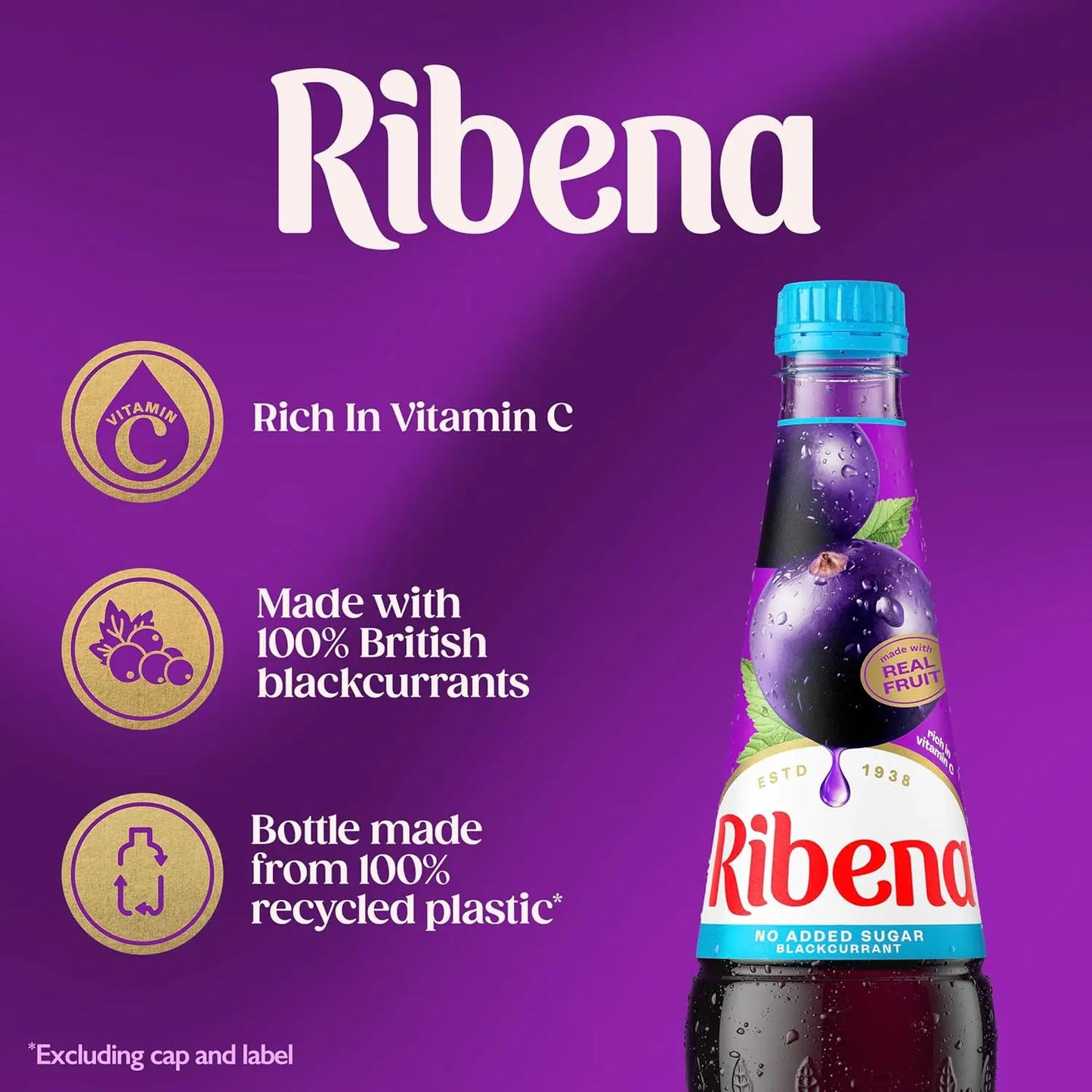 Ribena bottle with product features on a purple background