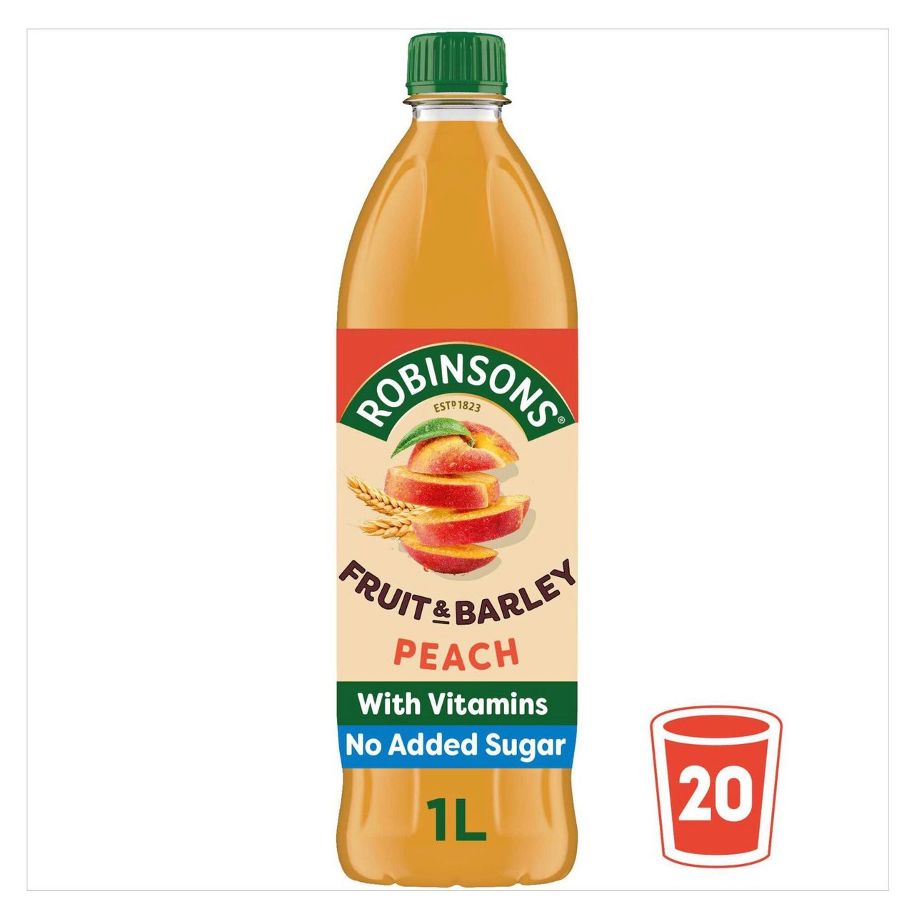 Robinsons Fruit & Barley Peach drink bottle with label on a white background