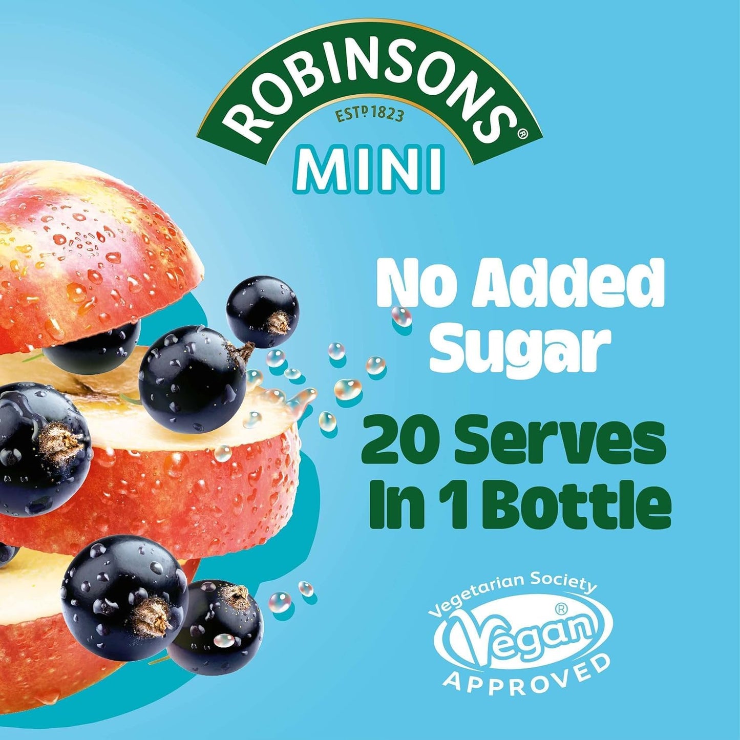 Advertisement for Robinsons Mini fruit juice with fruit and branding on a blue background