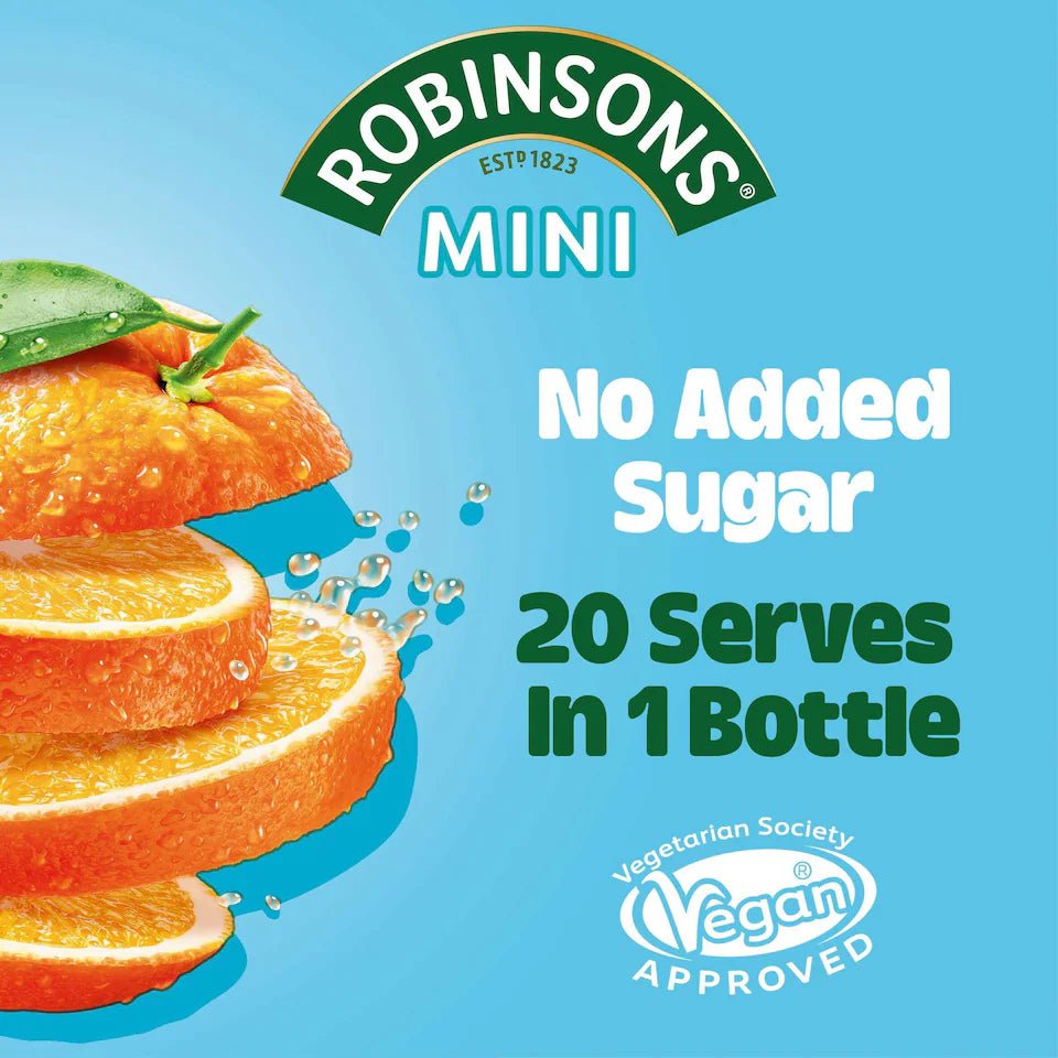 Robinsons Mini no added sugar drink packaging with oranges and branding on a blue background