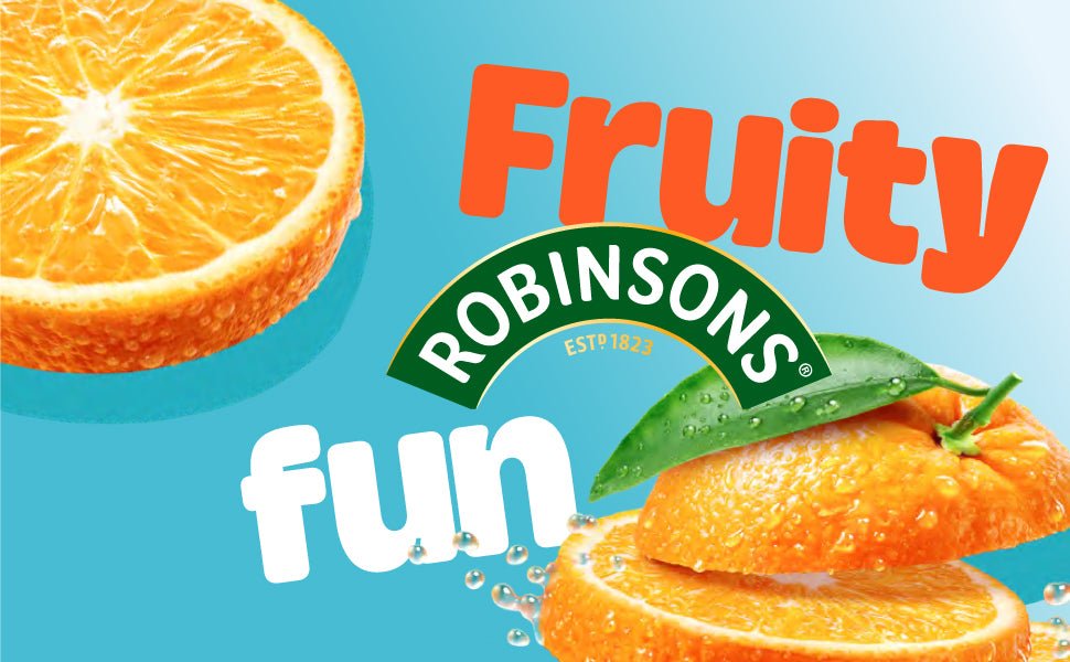 Robinsons Fruity Fun advertisement with sliced oranges and brand logo on a blue background