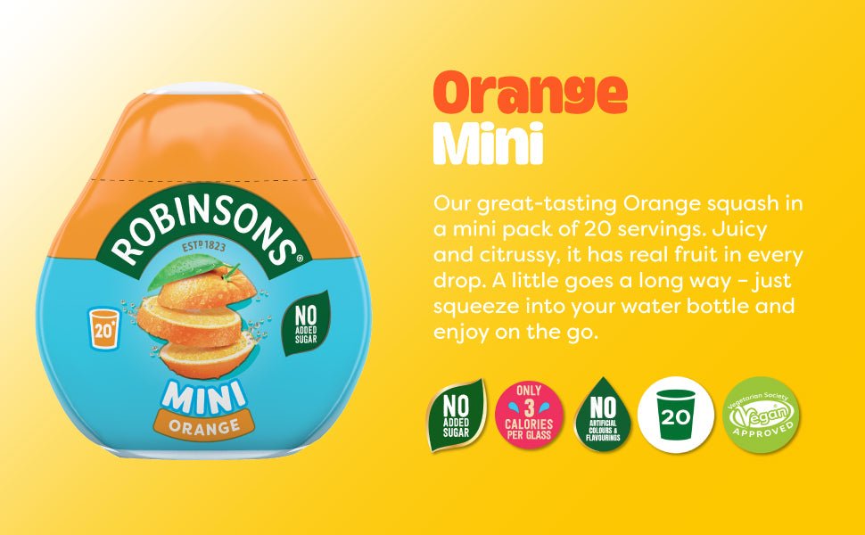 Robinsons Orange Mini squash packaging on a yellow background