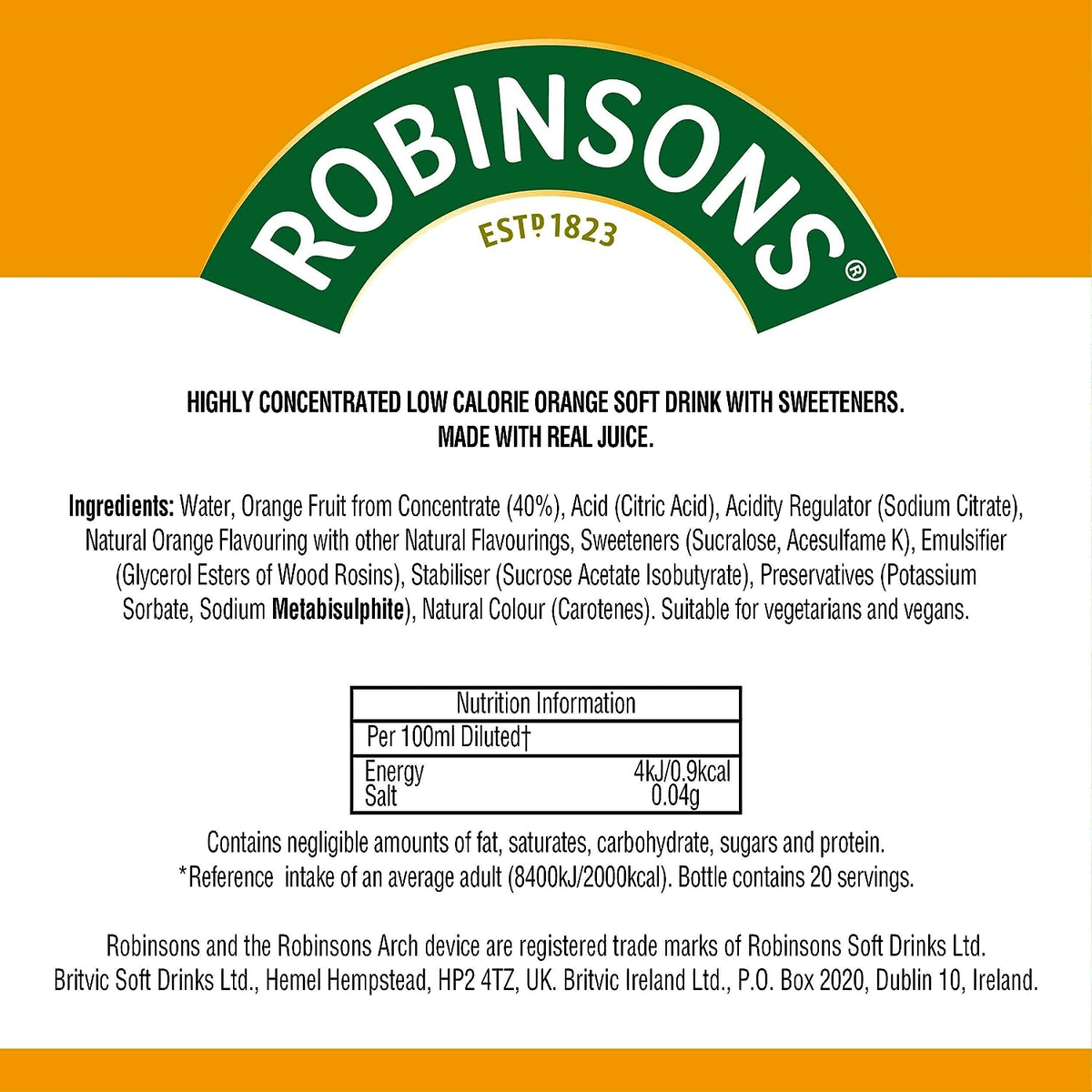 Robinsons orange soft drink label with ingredients and nutrition information on a white background.