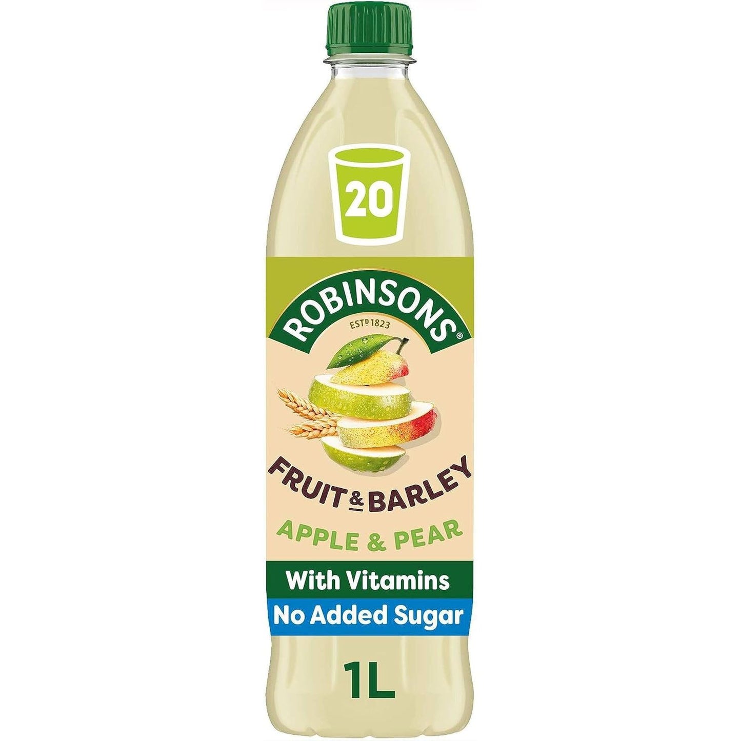 Robinsons Fruit & Barley Apple & Pear drink bottle on a white background