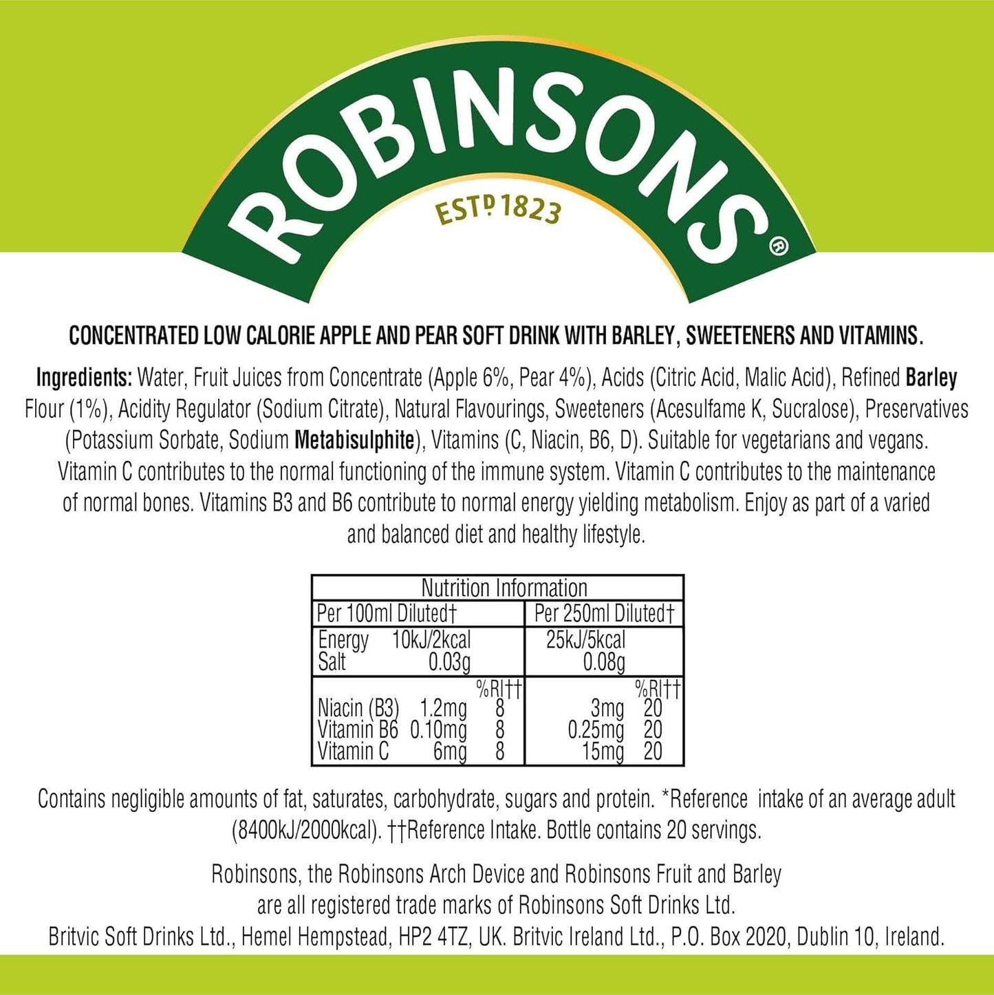 Robinsons soft drink label with ingredients and nutrition information on a green background