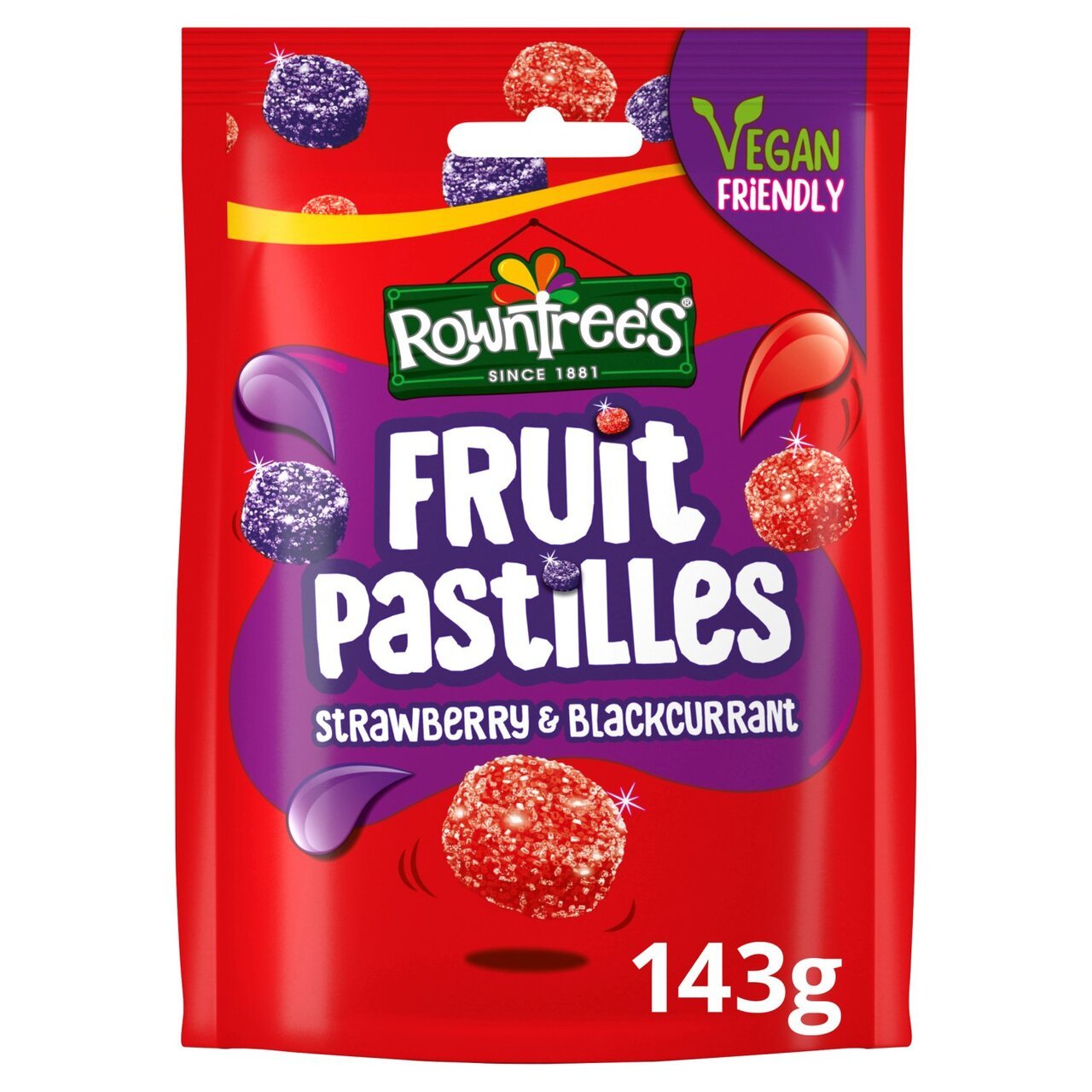 Rowntree's Fruit Pastilles Strawberry & Blackcurrant packaging on a white background