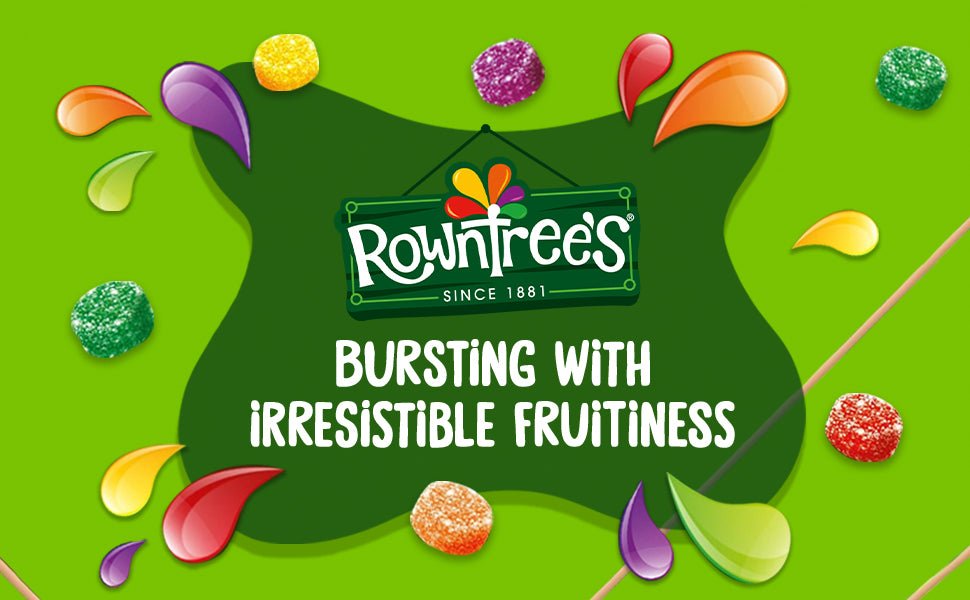 Rowntree's logo on a green background with colorful jelly beans.