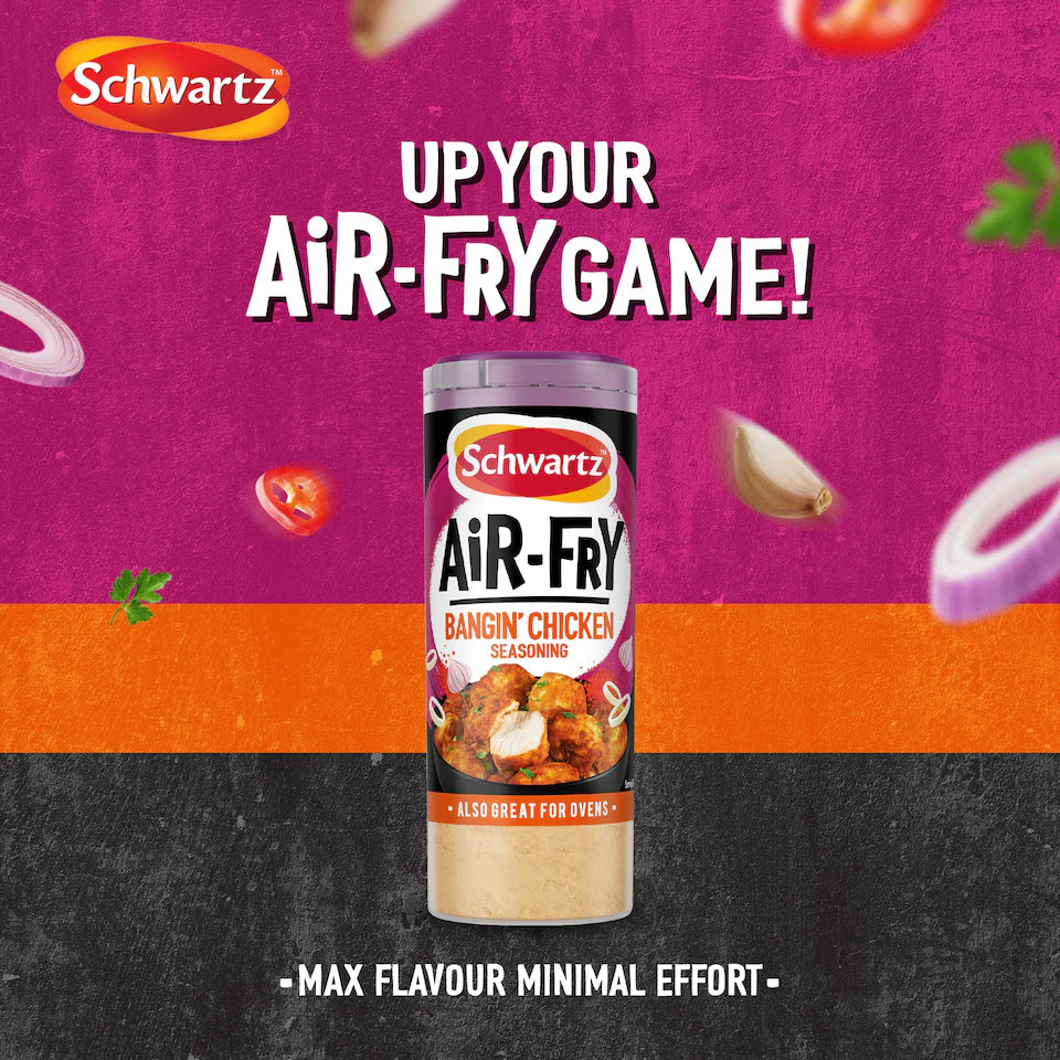 Schwartz Air-Fry seasoning can with promotional text on a colorful background