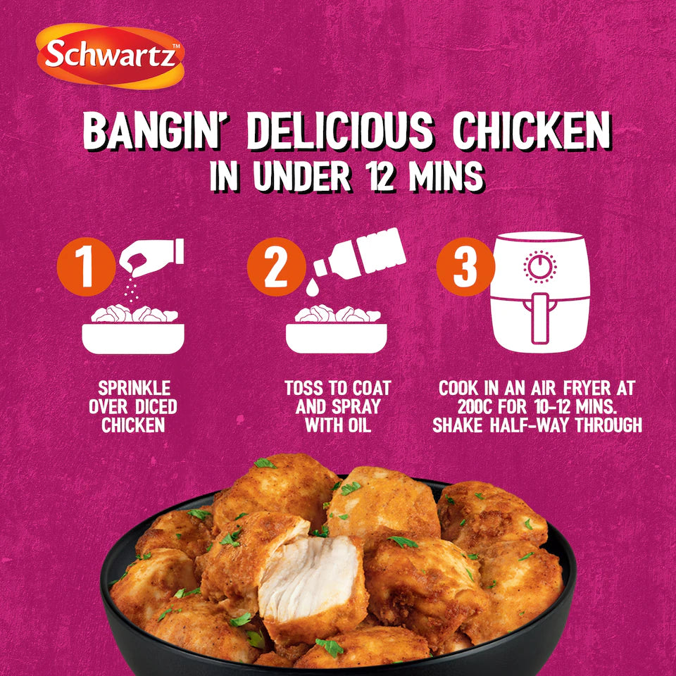 Schwartz brand advertisement for bangin' delicious chicken with cooking instructions on a pink background.