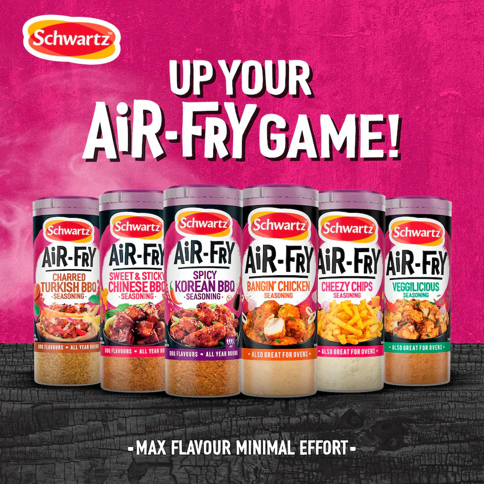Schwartz air-fry seasoning packets on a pink and black background with brand logo.
