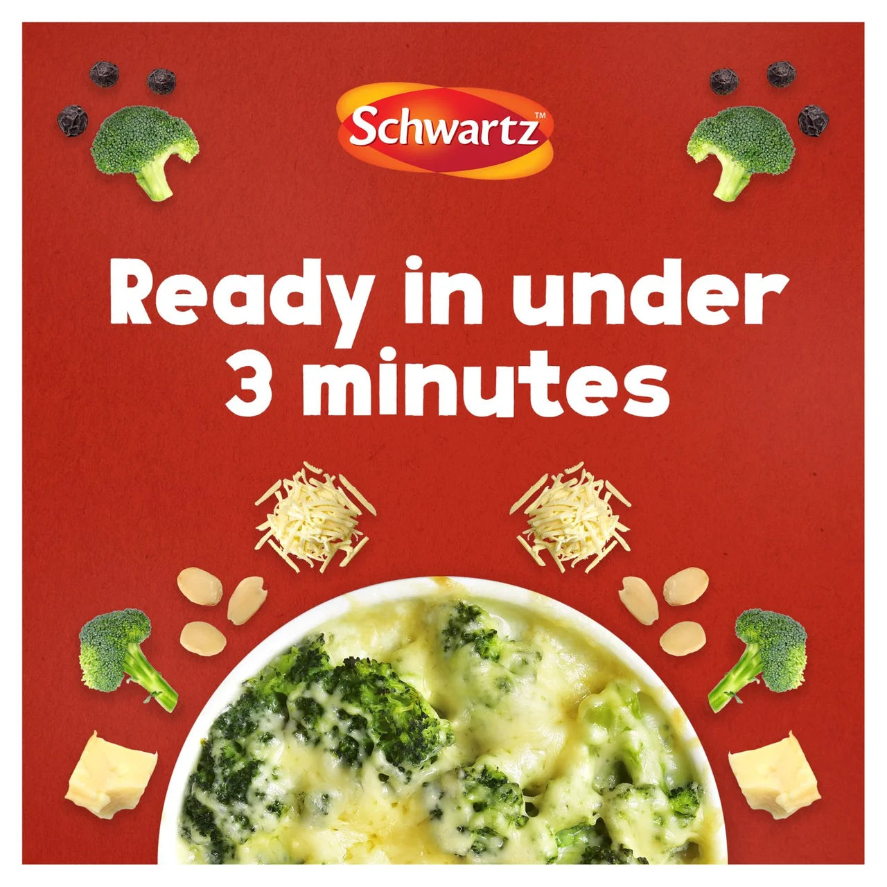 Schwartz brand food product packaging with broccoli, cheese, and text on a red background