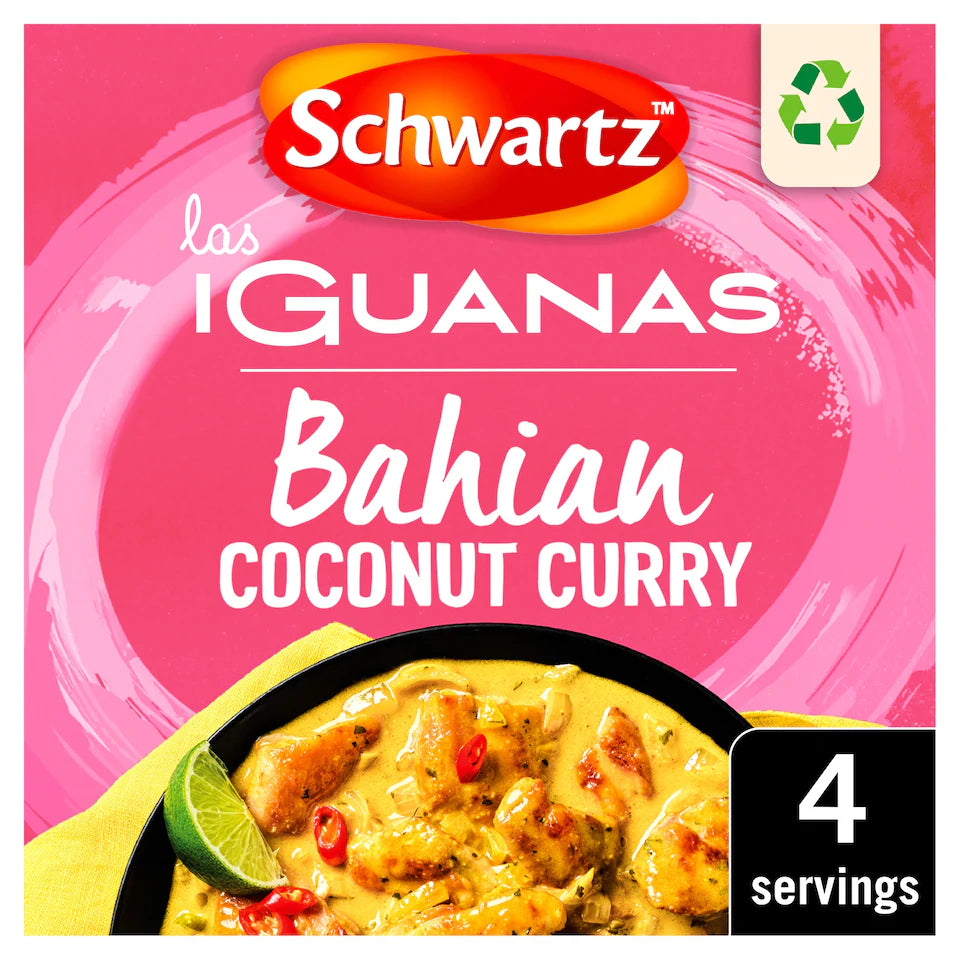Schwartz Guanas Bahian Coconut Curry packaging with pink background and curry dish image.