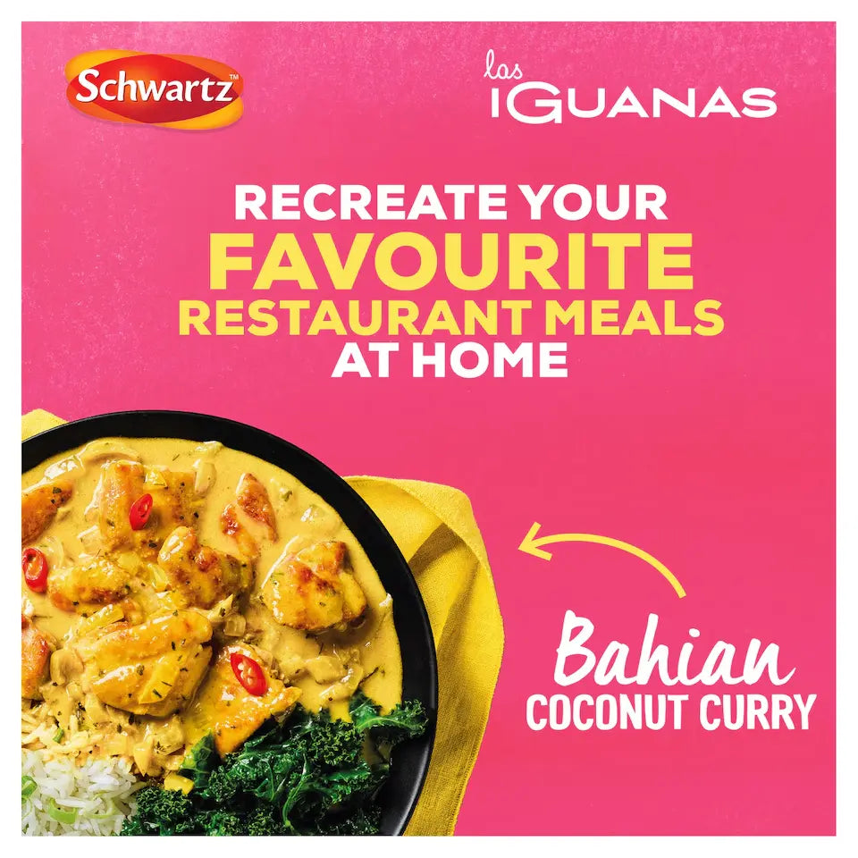 Promotional image for Schwartz Las Iguanas Bahian Coconut Curry with a pink background and dish of food.
